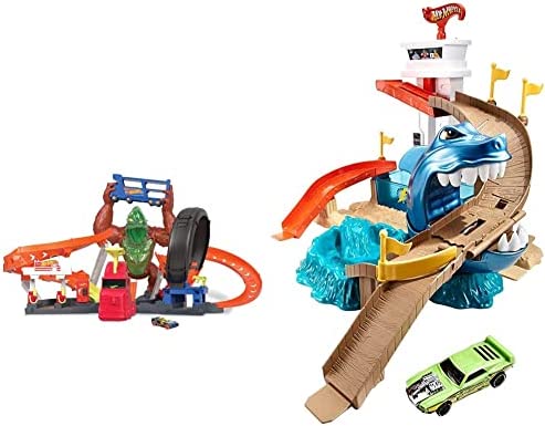 Cheap Toxic Gorilla Slam Gas Station & Tire Repair Shop Playset With Adjustable Launcher Lights & Sounds & 1 1:64 Scale Car Connects To Other Track Sets Gift For Kids 5 Years Old & Up - Everyday Play Set