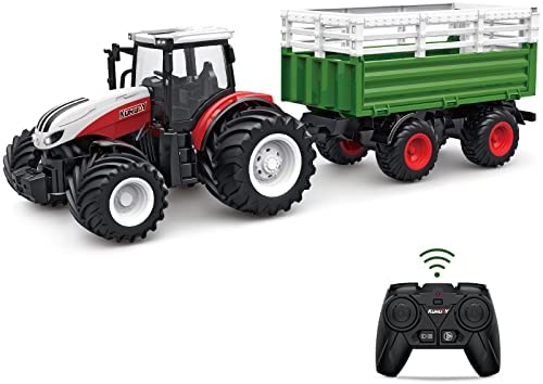 RC Tractor Remote Control Farm Truck With Trailer 1/24 Scale 2.4Ghz Electronic Tractor Farm Vehicle Toy With Light For Kids Age 5 6 7 8 9 And Up Years Old - Everyday Play Set