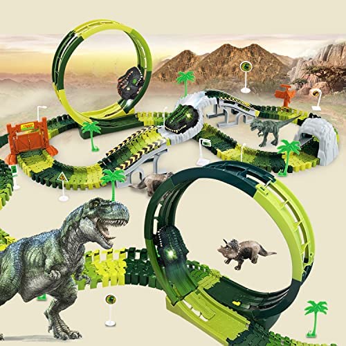 Inodoo Magic Tracks For Boys Girls Kids 144Pcs Flexible Glow In The Dark Race Track With LED Light-Up Dinosaur Race Car STEM Building Slot Car Toys well-suited Holiday and Birthday Gift For Aged 4-8 Dinosaur Race Track With 360° - Everyday Play Set