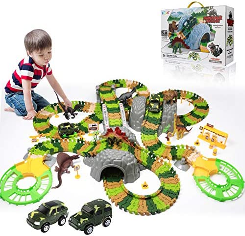 New Dinosaur Train Toys For Kids Longer Track 6 Realistic Jurassic Dino Figures 2 Electric Toy Car Twisted Flexible Train Track Set For Toddlers Boys & Girls 3 4 5 6 7 Years - Everyday Play Set