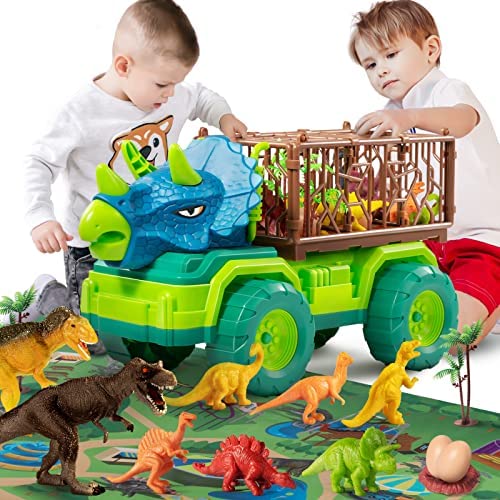 Budget Dinosaur Truck Toys For Kids 3-5 Years Tyrannosaurus Transport Car Carrier Truck With 8 Dino Figures Activity Play Mat Dinosaur Eggs Capture Jurassic Dinosaur Play Set For Boys And Girls - Everyday Play Set