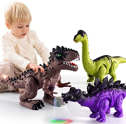New 3 Pack Electric Walking Dinosaur Toys For Toddlers 2-4 3-5 Years With Roar Sounds And Lights Up Realistic Robot T-Rex Brachiosaurus Stegosaurus Dinosaur Figures For Kids - Everyday Play Set