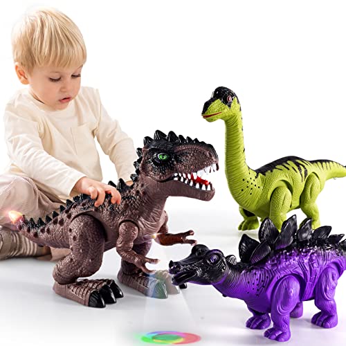 New 3 Pack Electric Walking Dinosaur Toys For Toddlers 2-4 3-5 Years With Roar Sounds And Lights Up Realistic Robot T-Rex Brachiosaurus Stegosaurus Dinosaur Figures For Kids - Everyday Play Set