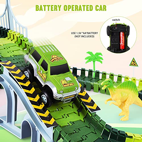 Deals Dinosaur Toys-187 Pcs Create A Dinosaur World Road Race Flexible Track Playset 4 Dinosaurs-2 Race Cars For 3 4 5 6 Years Up Old Boys Girls well-suited Gift - Everyday Play Set