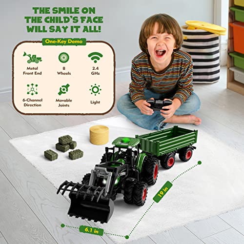Remote Control Tractor Toy Kids RC Tractor Set & Truck And Trailer Front Loader – Metal Car Head/8 Wheel/ Light Toddlers Farm Vehicle Toys For 2 3 4 5 6 7 8 9 Year Old Boys Christmas Birthday Gif - Everyday Play Set