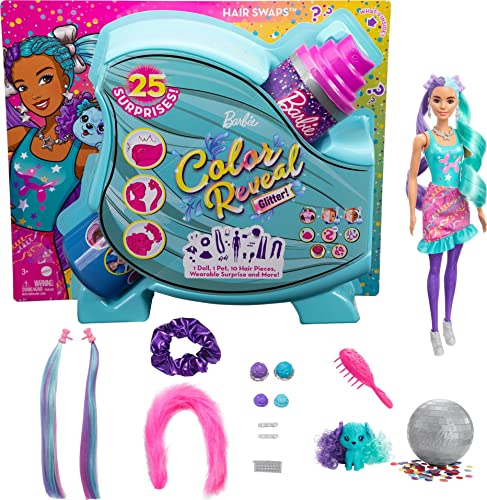 New Color Reveal Doll Glittery Purple With 25 Hairstyling & Party-Themed Surprises Including 10 Plug-in Hair Pieces Gift For Kids 3 Years Old & Up - Everyday Play Set
