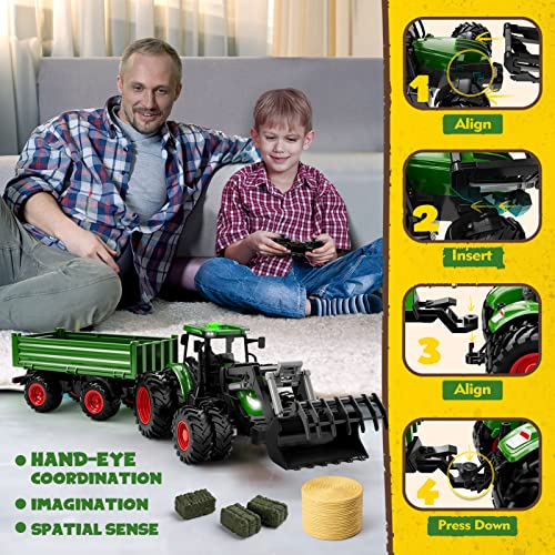 Remote Control Tractor Toy Kids RC Tractor Set & Truck And Trailer Front Loader – Metal Car Head/8 Wheel/ Light Toddlers Farm Vehicle Toys For 2 3 4 5 6 7 8 9 Year Old Boys Christmas Birthday Gif - Everyday Play Set