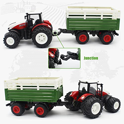 RC Tractor Remote Control Farm Truck With Trailer 1/24 Scale 2.4Ghz Electronic Tractor Farm Vehicle Toy With Light For Kids Age 5 6 7 8 9 And Up Years Old - Everyday Play Set