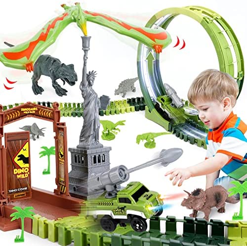 174 PCS Dinosaur Toys Race Track Flexible Train Tracks With 8 Dinosaurs Figures 2 Electric Race Cars Vehicle Playset With Lights To Create A Dinosaur World Road Race For Toddlers Kids Boys Girls - Everyday Play Set
