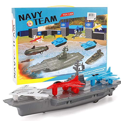 Aircraft Carrier Pullback Mini Military Toy Playset With Fighter Jets Stealth Bomber Tank Warship Submarine (8 Pieces) - Everyday Play Set