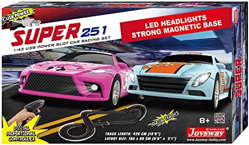 Super 251 USB Power Slot Car Racing Set LED Headlights Strong Magnetic Base Mechanical Lap Counter & Powerbase Integrated As Combo Track For Ages 8 And Up - Everyday Play Set