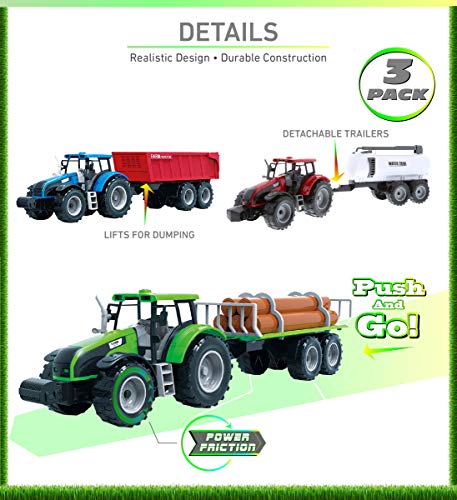 Coupon Friction Powered Farm Tractor Vehicles 16.5 Includes Farmer Tractor Water Tank And Log Trailer Push & Go No Batteries Needed (3pc Set) - Everyday Play Set