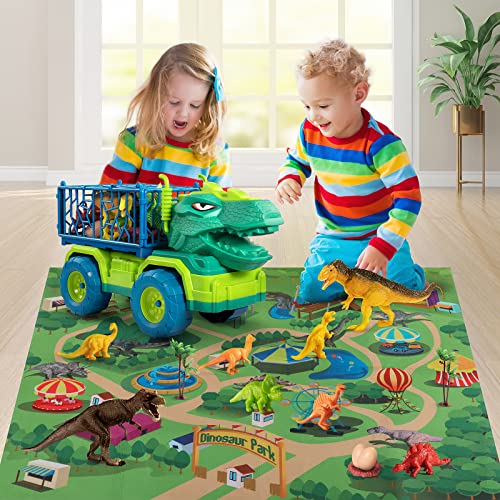 Budget Dinosaur Truck Toys For Kids 3-5 Years Tyrannosaurus Transport Car Carrier Truck With 8 Dino Figures Activity Play Mat Dinosaur Eggs Capture Jurassic Dinosaur Play Set For Boys And Girls - Everyday Play Set