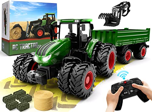 Remote Control Tractor Toy Kids RC Tractor Set & Truck And Trailer Front Loader – Metal Car Head/8 Wheel/ Light Toddlers Farm Vehicle Toys For 2 3 4 5 6 7 8 9 Year Old Boys Christmas Birthday Gif - Everyday Play Set