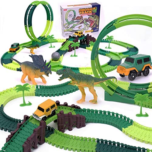 Dinosaur Toys For Kids 3-5 245 Pcs Dino Race Car Track Create A Dinosaur World Road Race With Flexible Train Track Playset 2 Electric Dinosaur Race Cars Toy,well-suited Gift For 3 4 5 Years Old Boys Girls Pink - Everyday Play Set