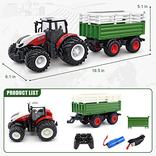 RC Tractor Remote Control Farm Truck With Trailer 1/24 Scale 2.4Ghz Electronic Tractor Farm Vehicle Toy With Light For Kids Age 5 6 7 8 9 And Up Years Old - Everyday Play Set