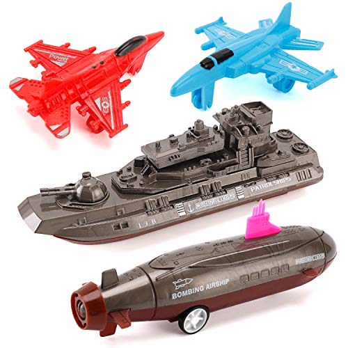 Aircraft Carrier Pullback Mini Military Toy Playset With Fighter Jets Stealth Bomber Tank Warship Submarine (8 Pieces) - Everyday Play Set