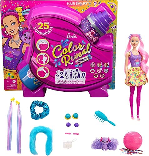 New Color Reveal Doll Glittery Purple With 25 Hairstyling & Party-Themed Surprises Including 10 Plug-in Hair Pieces Gift For Kids 3 Years Old & Up - Everyday Play Set