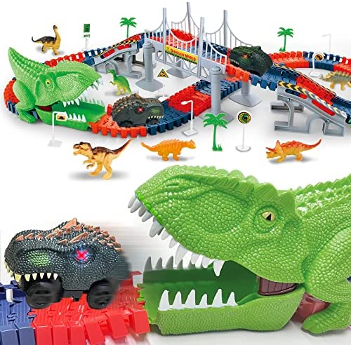 Inodoo Magic Tracks For Boys Girls Kids 144Pcs Flexible Glow In The Dark Race Track With LED Light-Up Dinosaur Race Car STEM Building Slot Car Toys well-suited Holiday and Birthday Gift For Aged 4-8 Dinosaur Race Track With 360° - Everyday Play Set
