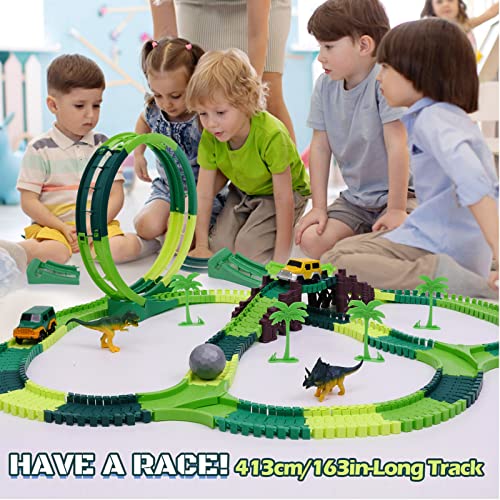 Dinosaur Toys For Kids 3-5 245 Pcs Dino Race Car Track Create A Dinosaur World Road Race With Flexible Train Track Playset 2 Electric Dinosaur Race Cars Toy,well-suited Gift For 3 4 5 Years Old Boys Girls Pink - Everyday Play Set