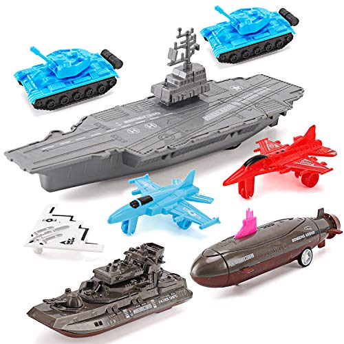 Aircraft Carrier Pullback Mini Military Toy Playset With Fighter Jets Stealth Bomber Tank Warship Submarine (8 Pieces) - Everyday Play Set