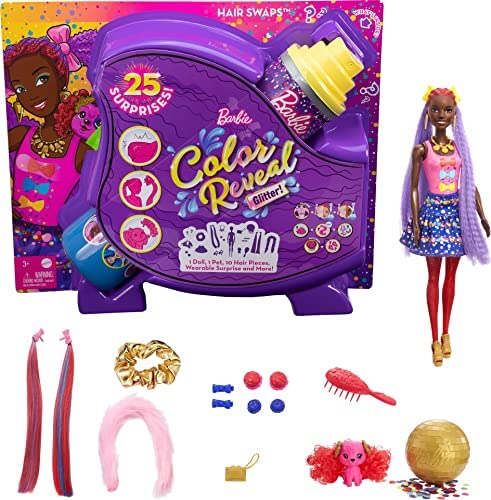 New Color Reveal Doll Glittery Purple With 25 Hairstyling & Party-Themed Surprises Including 10 Plug-in Hair Pieces Gift For Kids 3 Years Old & Up - Everyday Play Set