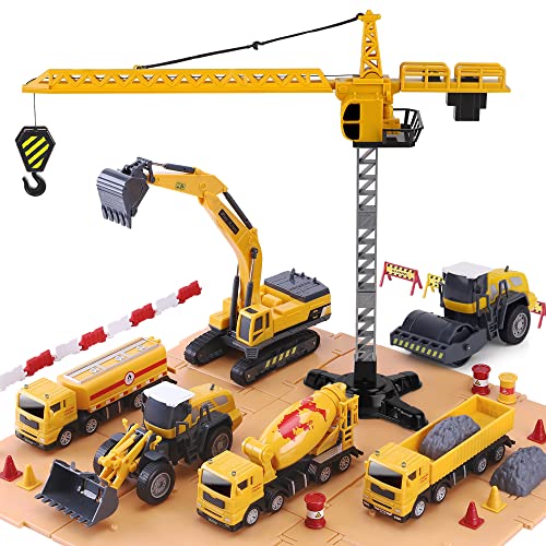 Promo Construction Site Vehicles Toy Set Kids Engineering Playset Tractor Digger Crane Dump Trucks Excavator Cement Steamroller Birthday Gift For 3 4 5 Year Old Toddlers Boys Child - Everyday Play Set