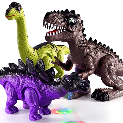 New 3 Pack Electric Walking Dinosaur Toys For Toddlers 2-4 3-5 Years With Roar Sounds And Lights Up Realistic Robot T-Rex Brachiosaurus Stegosaurus Dinosaur Figures For Kids - Everyday Play Set