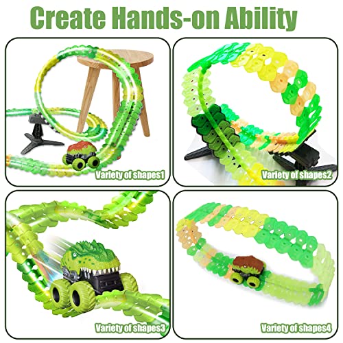 Inodoo Magic Tracks For Boys Girls Kids 144Pcs Flexible Glow In The Dark Race Track With LED Light-Up Dinosaur Race Car STEM Building Slot Car Toys well-suited Holiday and Birthday Gift For Aged 4-8 Dinosaur Race Track With 360° - Everyday Play Set