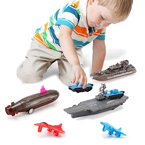 Aircraft Carrier Pullback Mini Military Toy Playset With Fighter Jets Stealth Bomber Tank Warship Submarine (8 Pieces) - Everyday Play Set