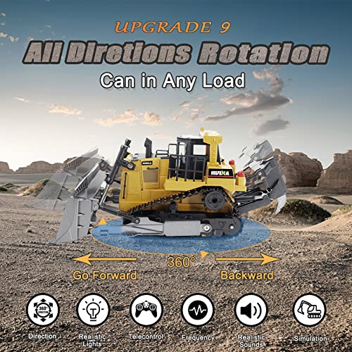 Bnam Remote Control Bulldozer RC 1/16 Full Functional Construction Vehicle 2.4Ghz 9 Channel Dozer Front Loader Toy With Light And Sound For Kids Age 6 7 8 9 10 And Up Years Old - Everyday Play Set