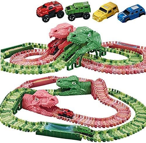 Dinosaur Toys For Kids 3-5 245 Pcs Dino Race Car Track Create A Dinosaur World Road Race With Flexible Train Track Playset 2 Electric Dinosaur Race Cars Toy,well-suited Gift For 3 4 5 Years Old Boys Girls Pink - Everyday Play Set