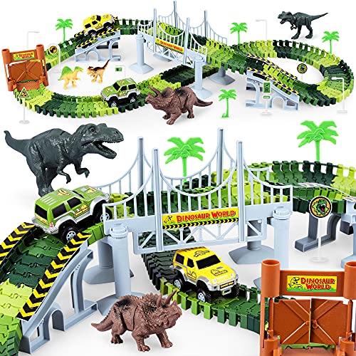 Deals Dinosaur Toys-187 Pcs Create A Dinosaur World Road Race Flexible Track Playset 4 Dinosaurs-2 Race Cars For 3 4 5 6 Years Up Old Boys Girls well-suited Gift - Everyday Play Set