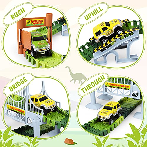 Deals Dinosaur Toys-187 Pcs Create A Dinosaur World Road Race Flexible Track Playset 4 Dinosaurs-2 Race Cars For 3 4 5 6 Years Up Old Boys Girls well-suited Gift - Everyday Play Set
