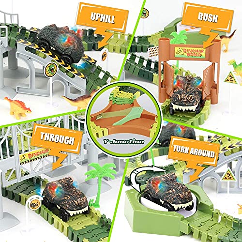 174 PCS Dinosaur Toys Race Track Flexible Train Tracks With 8 Dinosaurs Figures 2 Electric Race Cars Vehicle Playset With Lights To Create A Dinosaur World Road Race For Toddlers Kids Boys Girls - Everyday Play Set