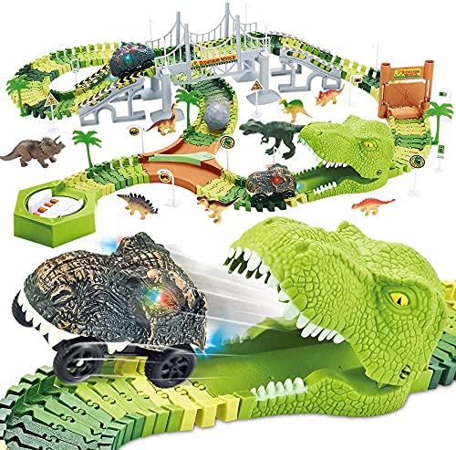 174 PCS Dinosaur Toys Race Track Flexible Train Tracks With 8 Dinosaurs Figures 2 Electric Race Cars Vehicle Playset With Lights To Create A Dinosaur World Road Race For Toddlers Kids Boys Girls - Everyday Play Set