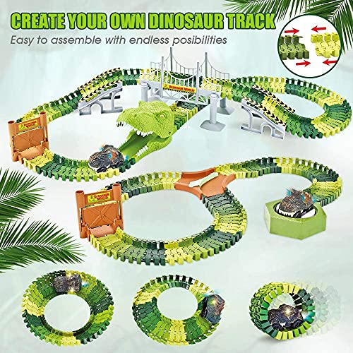 174 PCS Dinosaur Toys Race Track Flexible Train Tracks With 8 Dinosaurs Figures 2 Electric Race Cars Vehicle Playset With Lights To Create A Dinosaur World Road Race For Toddlers Kids Boys Girls - Everyday Play Set
