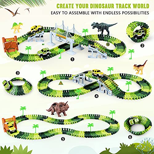 Deals Dinosaur Toys-187 Pcs Create A Dinosaur World Road Race Flexible Track Playset 4 Dinosaurs-2 Race Cars For 3 4 5 6 Years Up Old Boys Girls well-suited Gift - Everyday Play Set