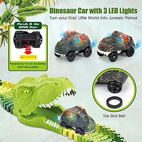 174 PCS Dinosaur Toys Race Track Flexible Train Tracks With 8 Dinosaurs Figures 2 Electric Race Cars Vehicle Playset With Lights To Create A Dinosaur World Road Race For Toddlers Kids Boys Girls - Everyday Play Set