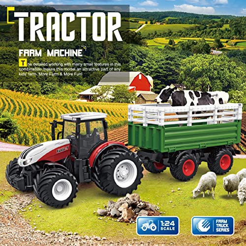 RC Tractor Remote Control Farm Truck With Trailer 1/24 Scale 2.4Ghz Electronic Tractor Farm Vehicle Toy With Light For Kids Age 5 6 7 8 9 And Up Years Old - Everyday Play Set